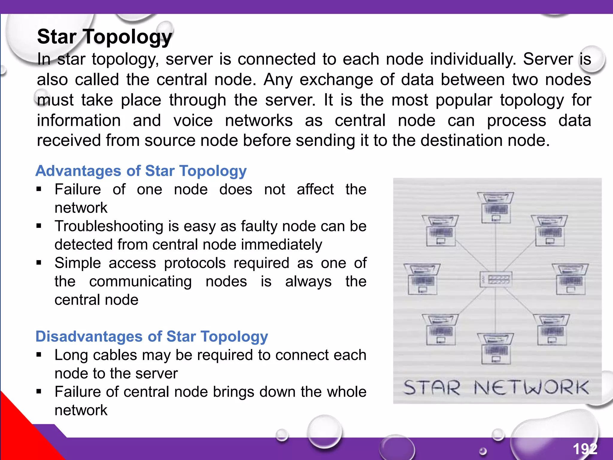 192
Star Topology
In star topology, server is connected to each node individually. Server is
also called the central node. Any exchange of data between two nodes
must take place through the server. It is the most popular topology for
information and voice networks as central node can process data
received from source node before sending it to the destination node.
Advantages of Star Topology
 Failure of one node does not affect the
network
 Troubleshooting is easy as faulty node can be
detected from central node immediately
 Simple access protocols required as one of
the communicating nodes is always the
central node
Disadvantages of Star Topology
 Long cables may be required to connect each
node to the server
 Failure of central node brings down the whole
network
 