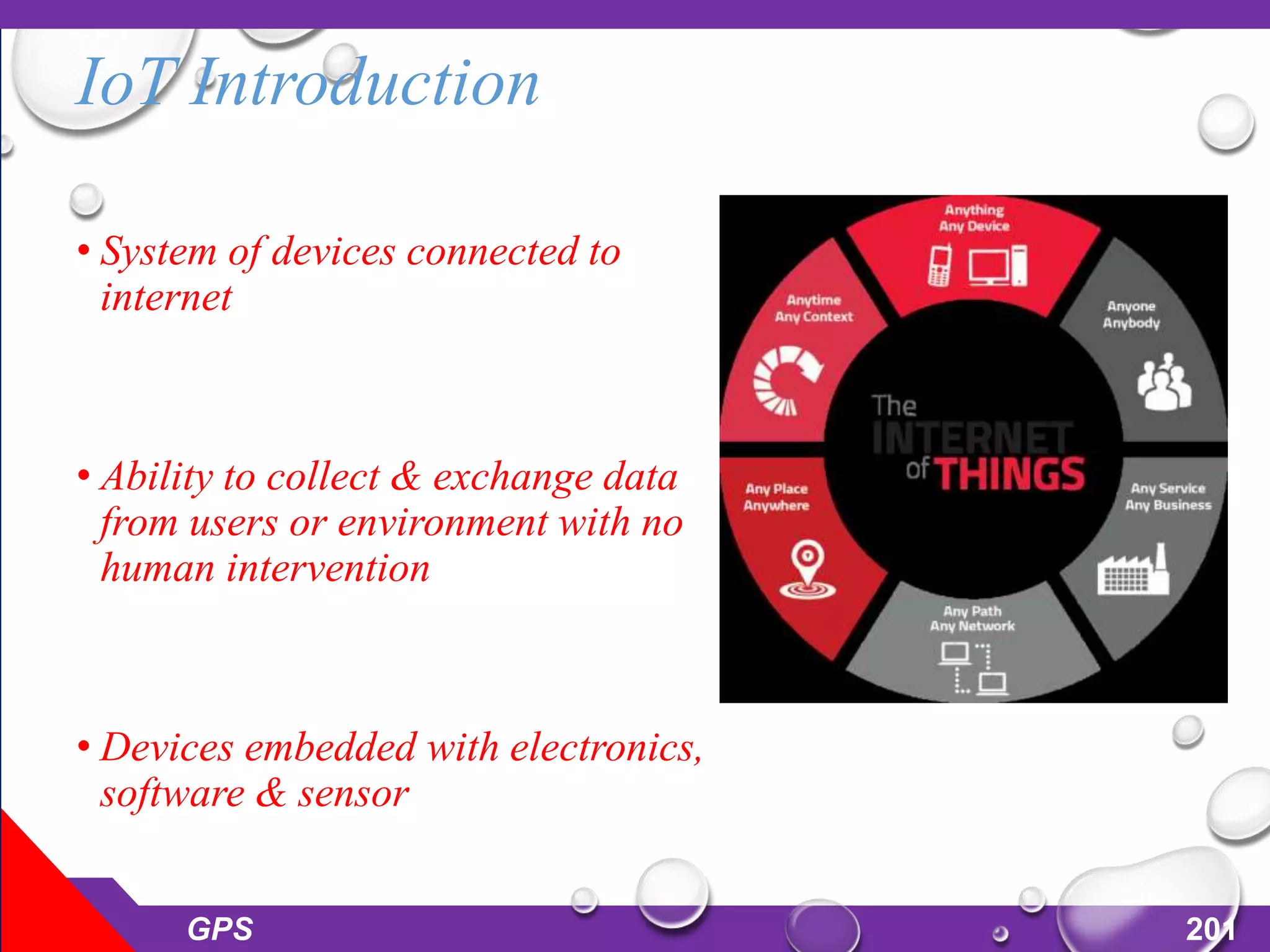 IoT Introduction
• System of devices connected to
internet
• Ability to collect & exchange data
from users or environment with no
human intervention
• Devices embedded with electronics,
software & sensor
GPS 201
 