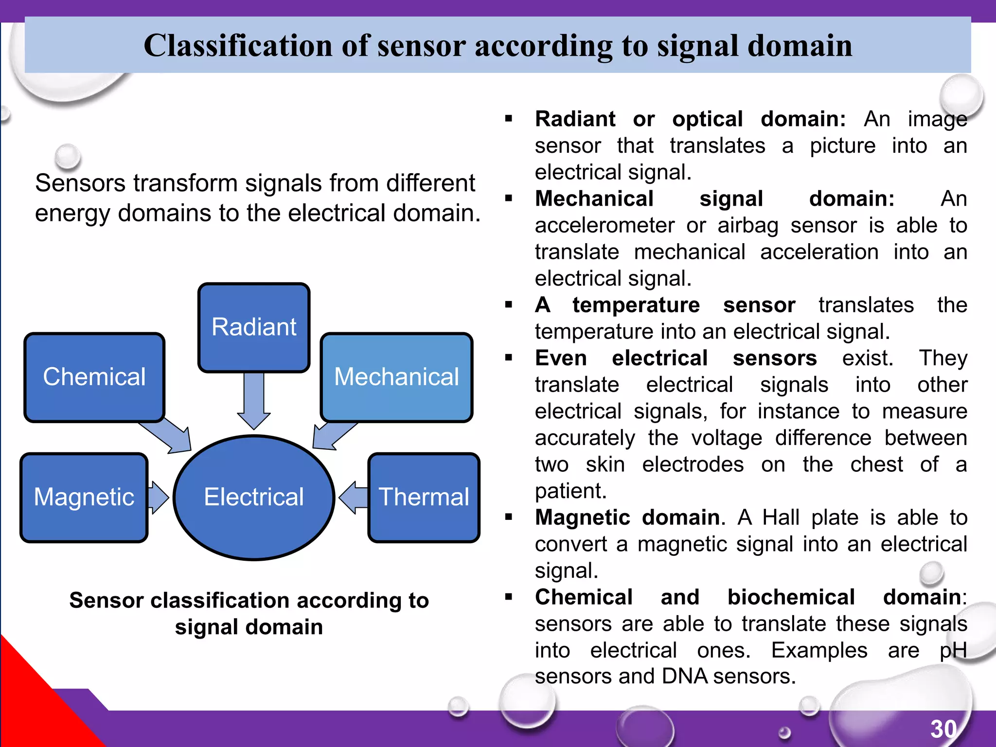 30
Classification of sensor according to signal domain
Sensors transform signals from different
energy domains to the electrical domain.
ElectricalMagnetic
Chemical
Radiant
Mechanical
Thermal
Sensor classification according to
signal domain
 Radiant or optical domain: An image
sensor that translates a picture into an
electrical signal.
 Mechanical signal domain: An
accelerometer or airbag sensor is able to
translate mechanical acceleration into an
electrical signal.
 A temperature sensor translates the
temperature into an electrical signal.
 Even electrical sensors exist. They
translate electrical signals into other
electrical signals, for instance to measure
accurately the voltage difference between
two skin electrodes on the chest of a
patient.
 Magnetic domain. A Hall plate is able to
convert a magnetic signal into an electrical
signal.
 Chemical and biochemical domain:
sensors are able to translate these signals
into electrical ones. Examples are pH
sensors and DNA sensors.
 