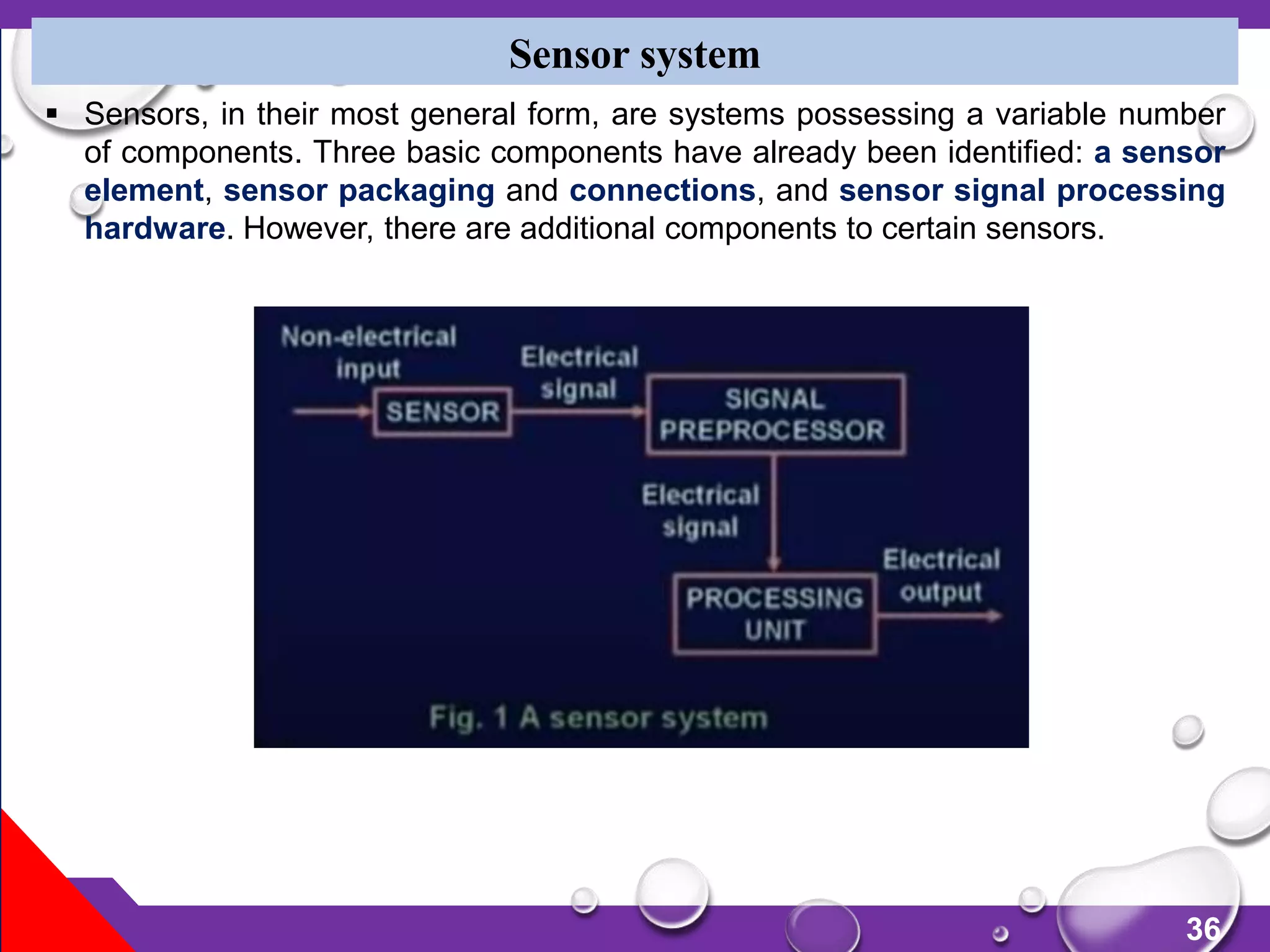 36
Sensor system
 Sensors, in their most general form, are systems possessing a variable number
of components. Three basic components have already been identified: a sensor
element, sensor packaging and connections, and sensor signal processing
hardware. However, there are additional components to certain sensors.
 