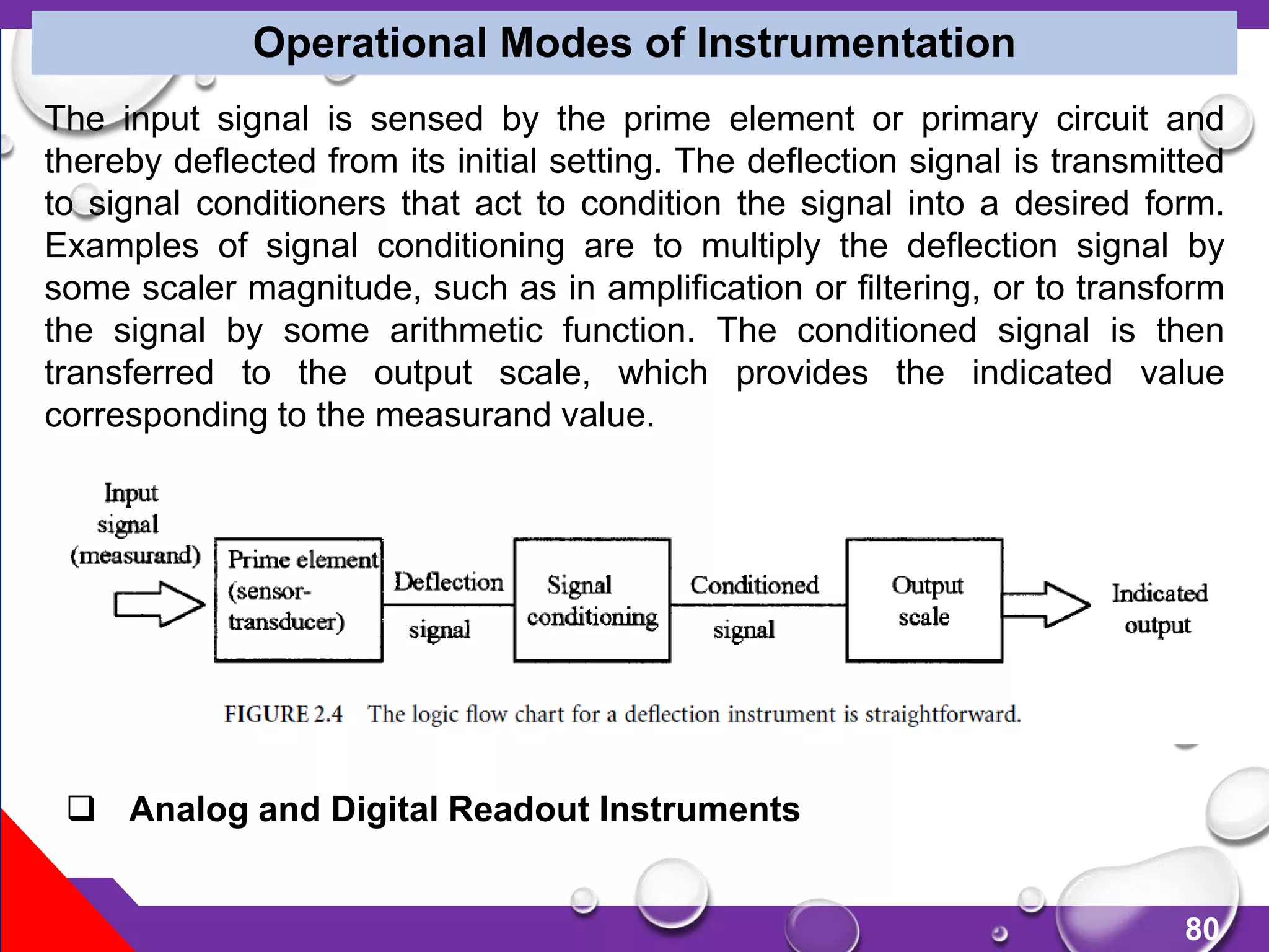 80
Operational Modes of Instrumentation
The input signal is sensed by the prime element or primary circuit and
thereby deflected from its initial setting. The deflection signal is transmitted
to signal conditioners that act to condition the signal into a desired form.
Examples of signal conditioning are to multiply the deflection signal by
some scaler magnitude, such as in amplification or filtering, or to transform
the signal by some arithmetic function. The conditioned signal is then
transferred to the output scale, which provides the indicated value
corresponding to the measurand value.
 Analog and Digital Readout Instruments
 