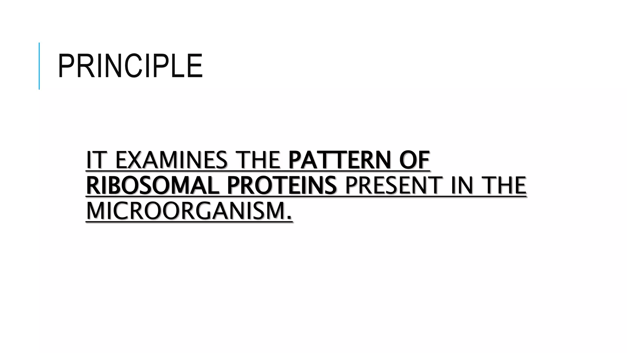 PRINCIPLE
IT EXAMINES THE PATTERN OF
RIBOSOMAL PROTEINS PRESENT IN THE
MICROORGANISM.
 