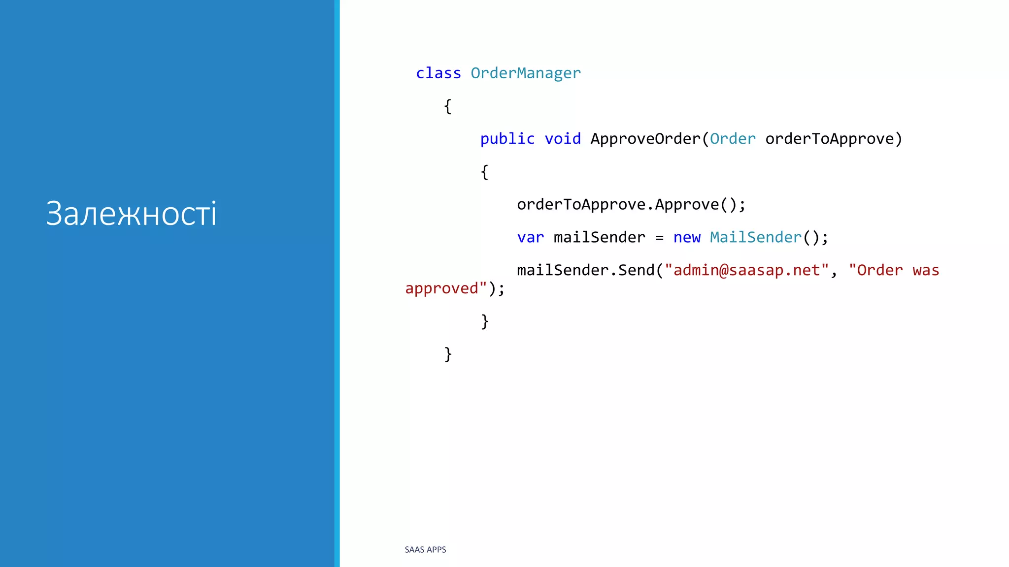 Залежності
class OrderManager
{
public void ApproveOrder(Order orderToApprove)
{
orderToApprove.Approve();
var mailSender = new MailSender();
mailSender.Send("admin@saasap.net", "Order was
approved");
}
}
SAAS APPS
 