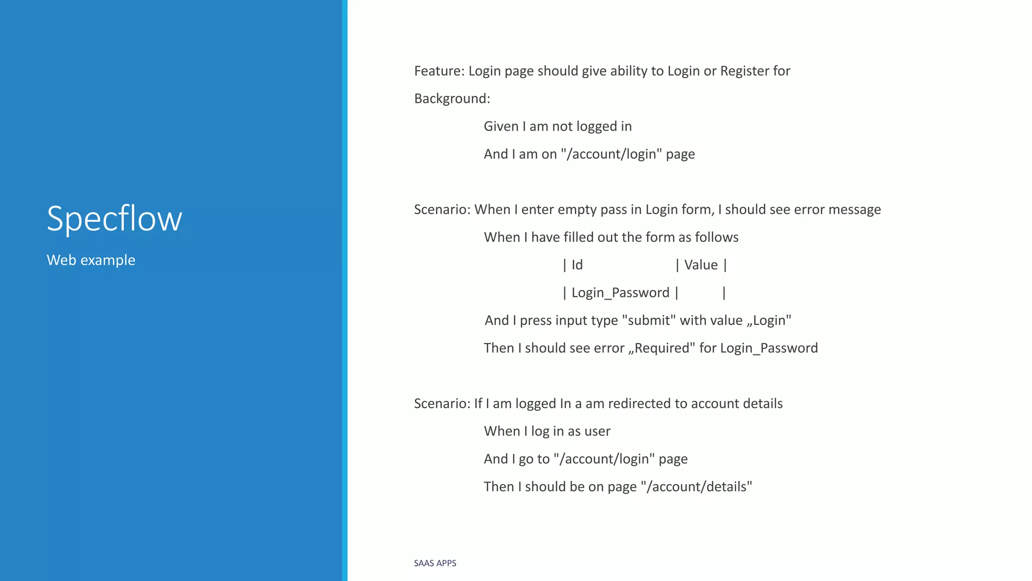 Specflow
Feature: Login page should give ability to Login or Register for
Background:
Given I am not logged in
And I am on "/account/login" page
Scenario: When I enter empty pass in Login form, I should see error message
When I have filled out the form as follows
| Id | Value |
| Login_Password | |
And I press input type "submit" with value „Login"
Then I should see error „Required" for Login_Password
Scenario: If I am logged In a am redirected to account details
When I log in as user
And I go to "/account/login" page
Then I should be on page "/account/details"
Web example
SAAS APPS
 