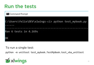 Run the tests
21
To run a single test:
python -m unittest test_mybook.TestMyBook.test_vba_unittest
 