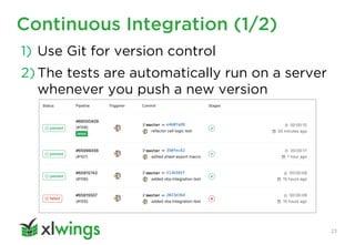 Continuous Integration (1/2)
23
1) Use Git for version control
2) The tests are automatically run on a server
whenever you push a new version
 
