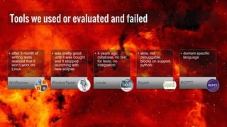 Tools we used or evaluated and failed
• after 3 month of
writing tests
realized that it
won’t work on
Linux
WinRunner
• was pretty good
until it was bought
and it stopped
launching with
new eclipse
WindowTester
• 4 years ago:
database, no text
for tests, no
integration
Jubula
• slow, not
debuggable,
blocks on support.
python.
Squish
• domain specific
language
RCPTT
 