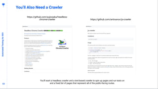 5353
You’ll Also Need a Crawler
AutomatedTestingforSEO
You’ll want a headless crawler and a text-based crawler to spin up ...