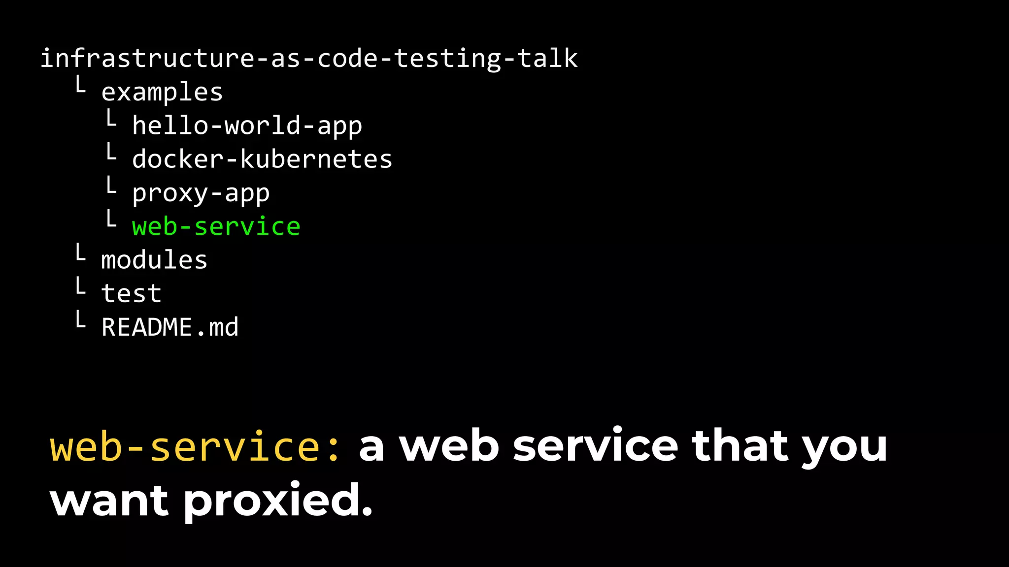 infrastructure-as-code-testing-talk └ examples └ hello-world-app └ docker-kubernetes └ proxy-app └ web-service └ modules └ test └ README.md web-service: a web service that you want proxied. 