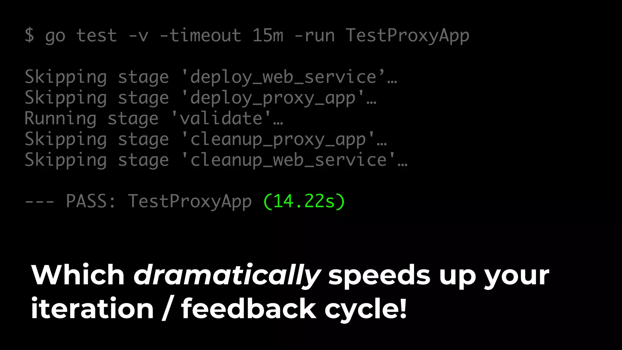 $ go test -v -timeout 15m -run TestProxyApp Skipping stage 'deploy_web_service’… Skipping stage 'deploy_proxy_app'… Running stage 'validate'… Skipping stage 'cleanup_proxy_app'… Skipping stage 'cleanup_web_service'… --- PASS: TestProxyApp (14.22s) Which dramatically speeds up your iteration / feedback cycle! 