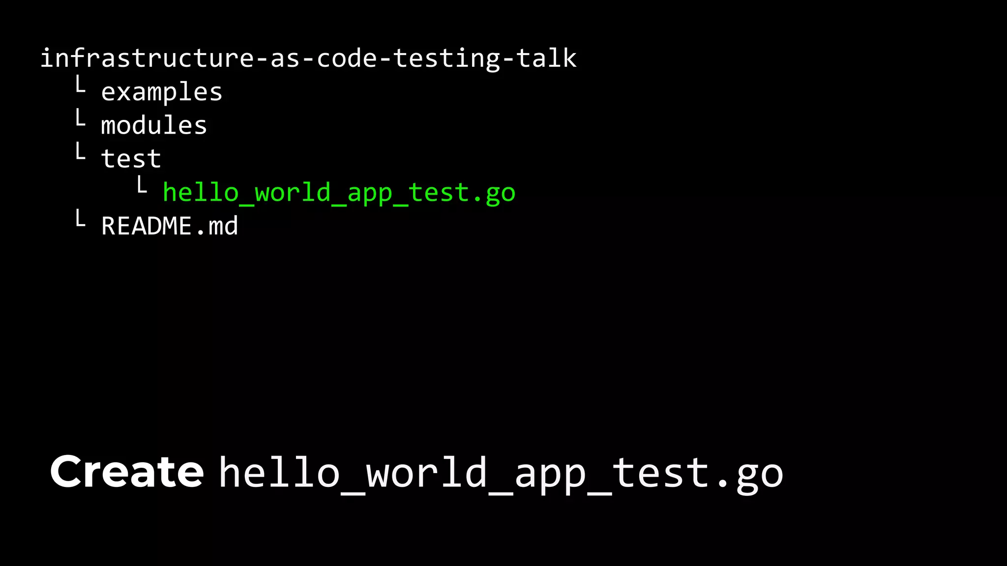 infrastructure-as-code-testing-talk └ examples └ modules └ test └ hello_world_app_test.go └ README.md Create hello_world_app_test.go 
