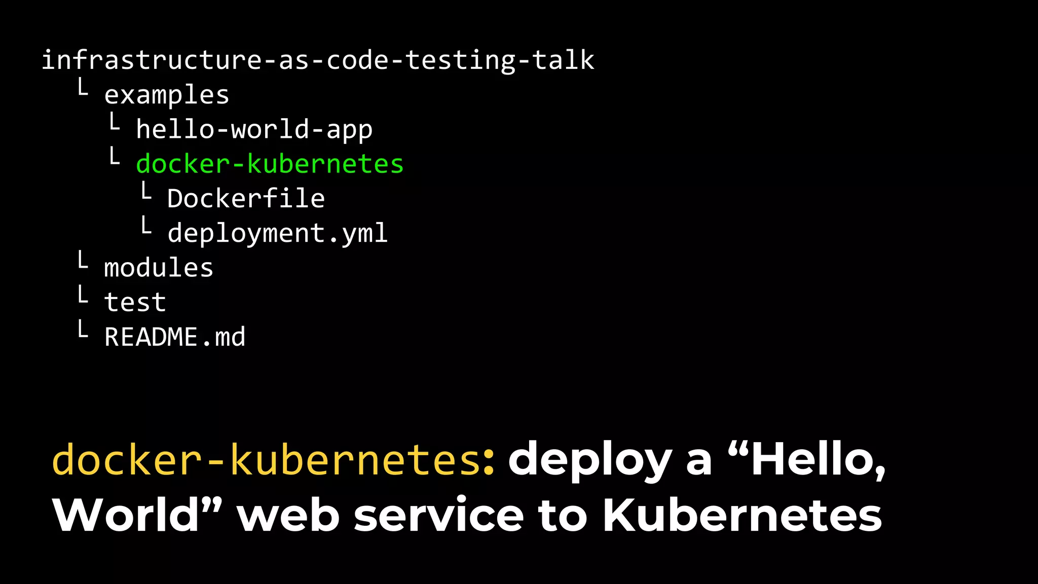 infrastructure-as-code-testing-talk └ examples └ hello-world-app └ docker-kubernetes └ Dockerfile └ deployment.yml └ modules └ test └ README.md docker-kubernetes: deploy a “Hello, World” web service to Kubernetes 