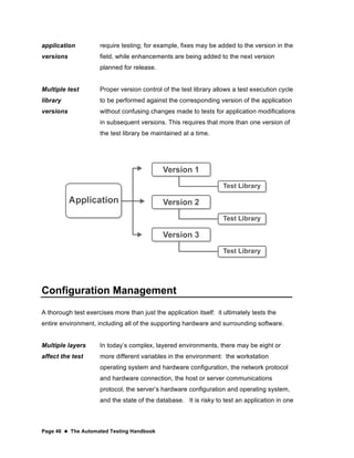 Page 46  The Automated Testing Handbook
application
versions
require testing; for example, fixes may be added to the version in the
field, while enhancements are being added to the next version
planned for release.
Multiple test
library
versions
Proper version control of the test library allows a test execution cycle
to be performed against the corresponding version of the application
without confusing changes made to tests for application modifications
in subsequent versions. This requires that more than one version of
the test library be maintained at a time.
Configuration Management
A thorough test exercises more than just the application itself: it ultimately tests the
entire environment, including all of the supporting hardware and surrounding software.
Multiple layers
affect the test
In today’s complex, layered environments, there may be eight or
more different variables in the environment: the workstation
operating system and hardware configuration, the network protocol
and hardware connection, the host or server communications
protocol, the server’s hardware configuration and operating system,
and the state of the database. It is risky to test an application in one
 