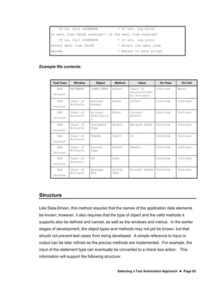 Selecting a Test Automation Approach  Page 65
If no, Call LOGERROR * If not, log error
Is menu item VALUE enabled? * Is the menu item enabled?
If no, Call LOGERROR * If not, log error
Select menu item VALUE * Select the menu item
Resume * Return to main script
Example file contents:
Test Case Window Object Method Value On Pass On Fail
Add
Account
MAINMENU CHART.MENU Select Chart of
Accounts>>Ent
er Accounts
Continue Abort
Add
Account
Chart of
Accounts
Account
Number
Enter 100000 Continue Continue
Add
Account
Chart of
Accounts
Account
Descriptio
n
Enter Current
Assets
Continue Continue
Add
Account
Chart of
Accounts
Statement
Type
Select Balance Sheet Continue Continue
Add
Account
Chart of
Accounts
Header Check On Continue Continue
Add
Account
Chart of
Accounts
Account
Type
Select Assets Continue Continue
Add
Account
Chart of
Accounts
OK Push Continue Continue
Add
Account
Chart of
Accounts
Message
Box
Verify
Text
Account Added Continue Continue
Structure
Like Data-Driven, this method requires that the names of the application data elements
be known; however, it also requires that the type of object and the valid methods it
supports also be defined and named, as well as the windows and menus. In the earlier
stages of development, the object types and methods may not yet be known, but that
should not prevent test cases from being developed. A simple reference to input or
output can be later refined as the precise methods are implemented. For example, the
input of the statement type can eventually be converted to a check box action. This
information will support the following structure:
 