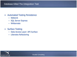 Database Killed The Integration Test




• Automated Testing Persistence
    – NDbUnit
    – SQL Server Express
    – NHib...