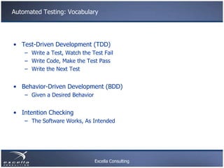 Automated Testing: Vocabulary




• Test-Driven Development (TDD)
    – Write a Test, Watch the Test Fail
    – Write Code...
