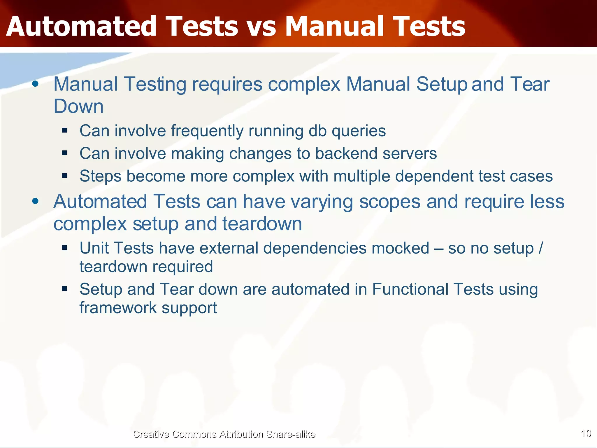 Automated Tests vs Manual Tests Manual Testing requires complex Manual Setup and Tear Down Can involve frequently running db queries Can involve making changes to backend servers  Steps become more complex with multiple dependent test cases Automated Tests can have varying scopes and require less complex setup and teardown Unit Tests have external dependencies mocked – so no setup / teardown required Setup and Tear down are automated in Functional Tests using framework support Creative Commons Attribution Share-alike 