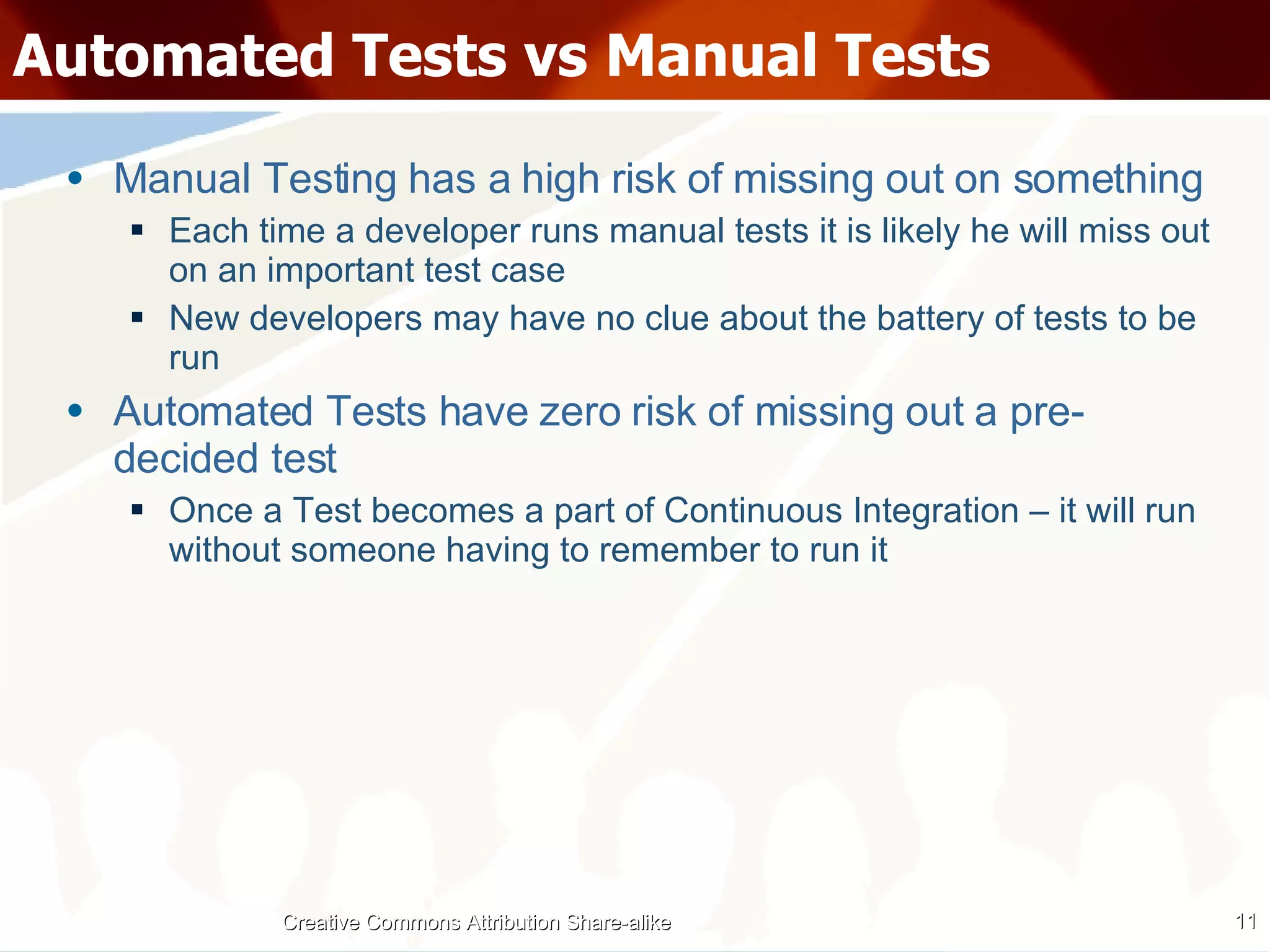 Automated Tests vs Manual Tests Manual Testing has a high risk of missing out on something Each time a developer runs manual tests it is likely he will miss out on an important test case New developers may have no clue about the battery of tests to be run Automated Tests have zero risk of missing out a pre-decided test Once a Test becomes a part of Continuous Integration – it will run without someone having to remember to run it Creative Commons Attribution Share-alike 