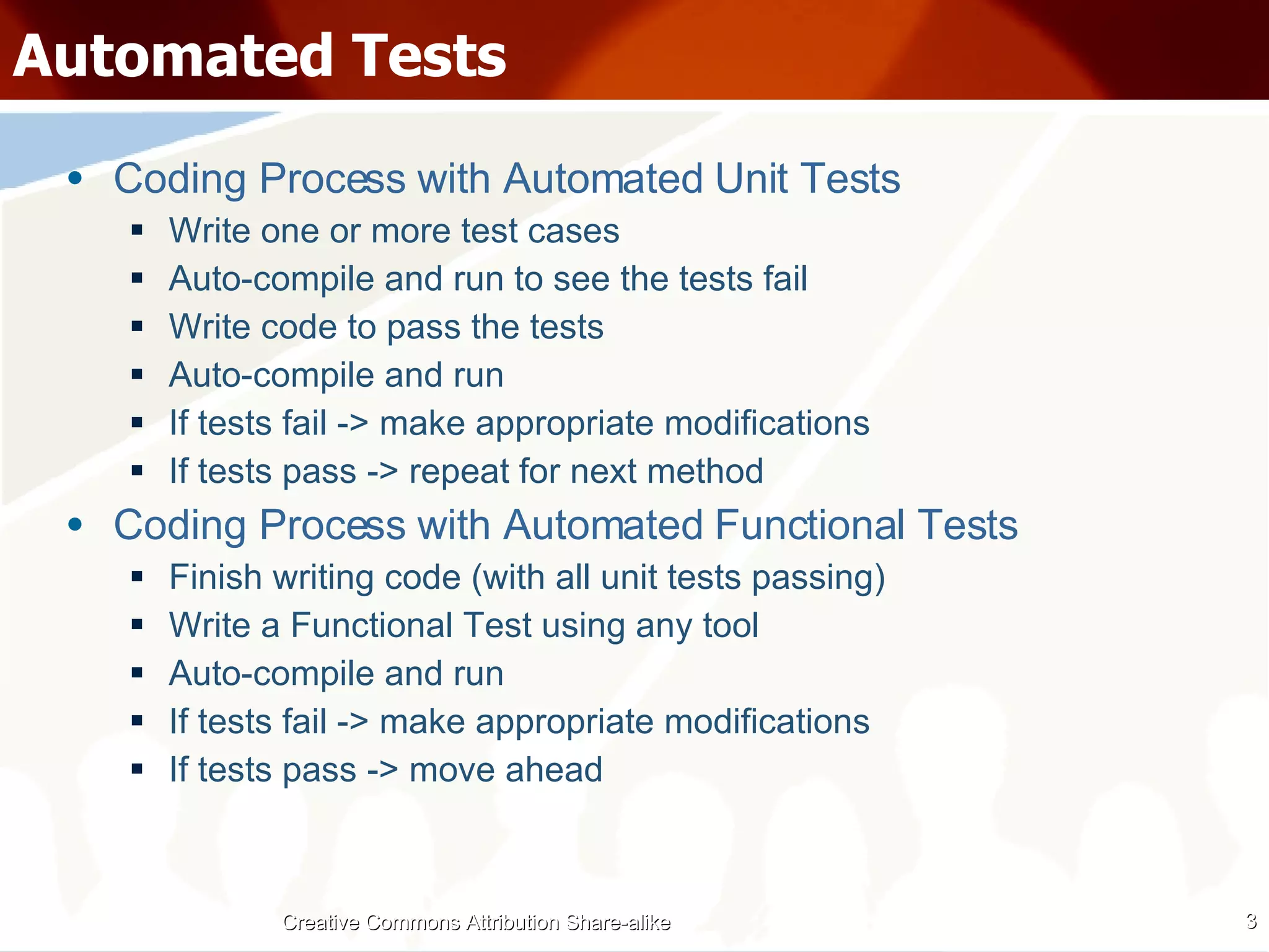 Automated Tests Coding Process with Automated Unit Tests Write one or more test cases Auto-compile and run to see the tests fail Write code to pass the tests Auto-compile and run If tests fail -> make appropriate modifications If tests pass -> repeat for next method Coding Process with Automated Functional Tests Finish writing code (with all unit tests passing) Write a Functional Test using any tool Auto-compile and run If tests fail -> make appropriate modifications If tests pass -> move ahead Creative Commons Attribution Share-alike 