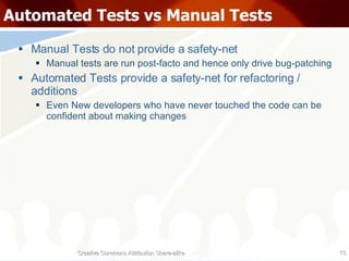 Automated Tests vs Manual Tests Manual Tests do not provide a safety-net Manual tests are run post-facto and hence only drive bug-patching Automated Tests provide a safety-net for refactoring / additions Even New developers who have never touched the code can be confident about making changes Creative Commons Attribution Share-alike 