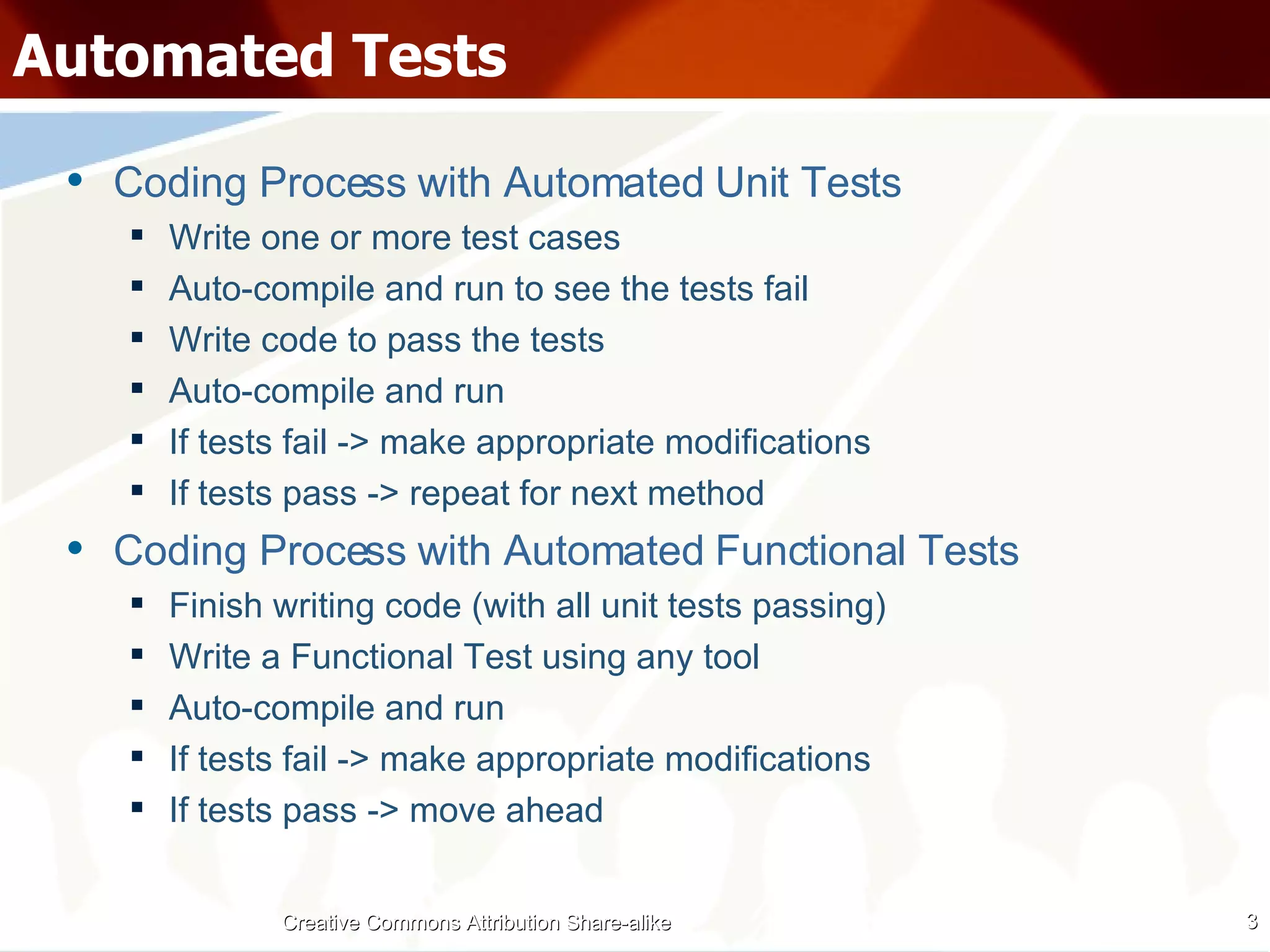 Automated Tests Coding Process with Automated Unit Tests Write one or more test cases Auto-compile and run to see the tests fail Write code to pass the tests Auto-compile and run If tests fail -> make appropriate modifications If tests pass -> repeat for next method Coding Process with Automated Functional Tests Finish writing code (with all unit tests passing) Write a Functional Test using any tool Auto-compile and run If tests fail -> make appropriate modifications If tests pass -> move ahead Creative Commons Attribution Share-alike 