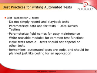 Best Practices for writing Automated Tests ,[object Object],[object Object],[object Object],[object Object],[object Object],[object Object],[object Object]