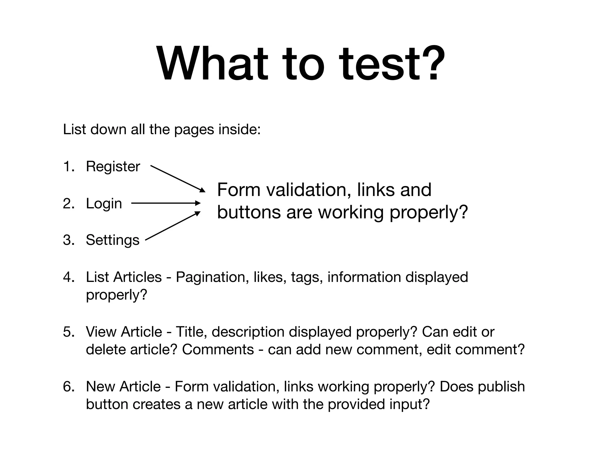 What to test? List down all the pages inside: 1. Register 2. Login 3. Settings 4. List Articles - Pagination, likes, tags, information displayed properly? 5. View Article - Title, description displayed properly? Can edit or delete article? Comments - can add new comment, edit comment? 6. New Article - Form validation, links working properly? Does publish button creates a new article with the provided input? Form validation, links and buttons are working properly? 