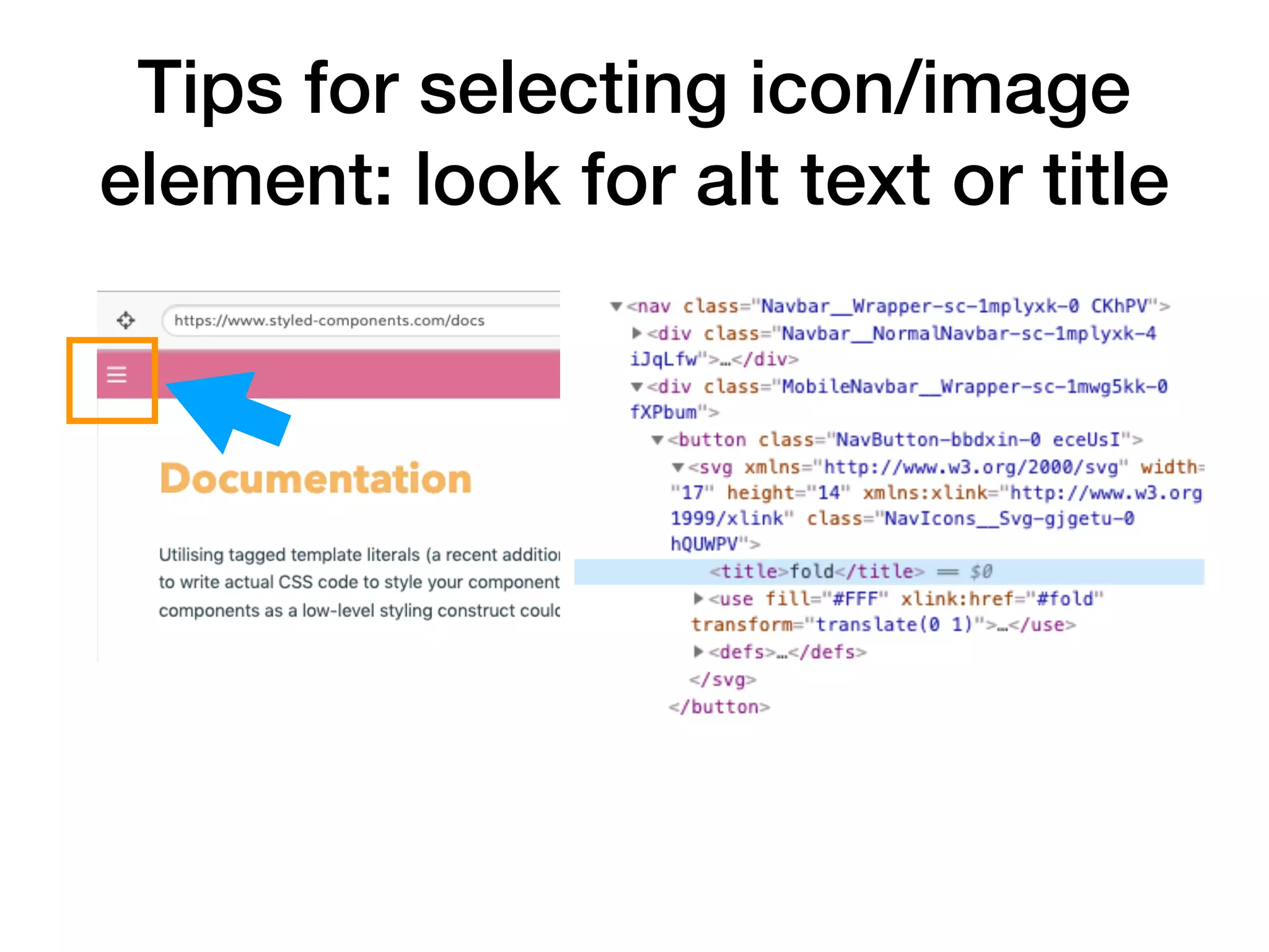 Tips for selecting icon/image element: look for alt text or title 