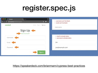 register.spec.js
https://speakerdeck.com/brianmann/cypress-best-practices
 