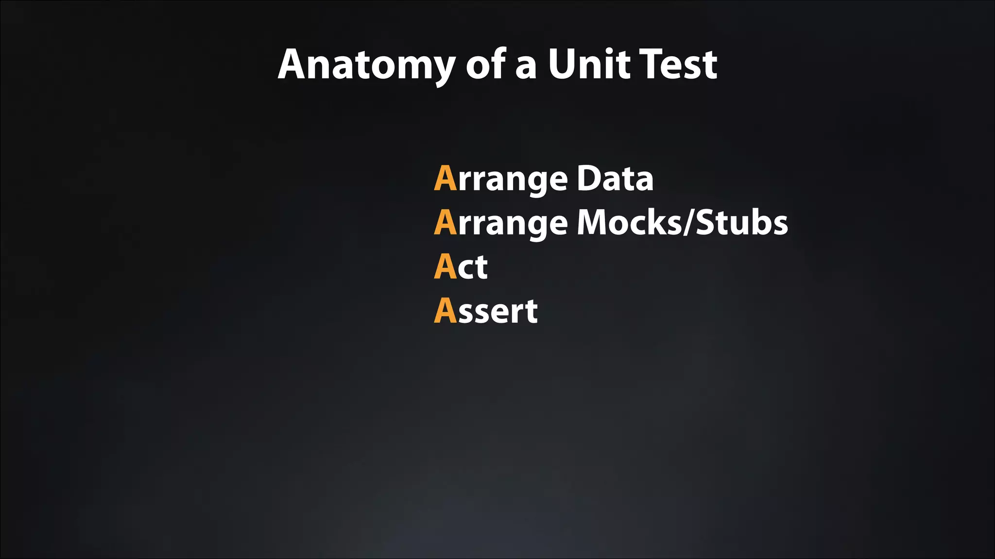 Anatomy of a Unit Test
Arrange Data
Arrange Mocks/Stubs
Act
Assert
 