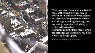 “Today, cars are people’s second-largest
household expenditure, and they sit
unused 20+ hours a day. When they’re
on the road, a vast proportion of them
are looking for parking—wasting time,
worsening congestion, and adding to
vehicle-miles traveled.
If someone described that model to you
and didn’t tell you it was cars, you’d say
it was ripe for disruption.”
http://www.wired.com/2016/01/the-metastructure-transportation/
 