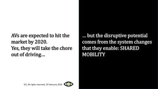 AVs are expected to hit the
market by 2020.
Yes, they will take the chore
out of driving…
… but the disruptive potential
c...