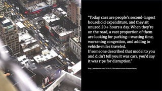 “Today, cars are people’s second-largest
household expenditure, and they sit
unused 20+ hours a day. When they’re
on the r...