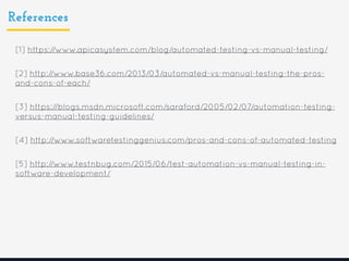 References
[1] https://www.apicasystem.com/blog/automated-testing-vs-manual-testing/
[2] http://www.base36.com/2013/03/automated-vs-manual-testing-the-pros-
and-cons-of-each/
[3] https://blogs.msdn.microsoft.com/saraford/2005/02/07/automation-testing-
versus-manual-testing-guidelines/
[4] http://www.softwaretestinggenius.com/pros-and-cons-of-automated-testing
[5] http://www.testnbug.com/2015/06/test-automation-vs-manual-testing-in-
software-development/
 