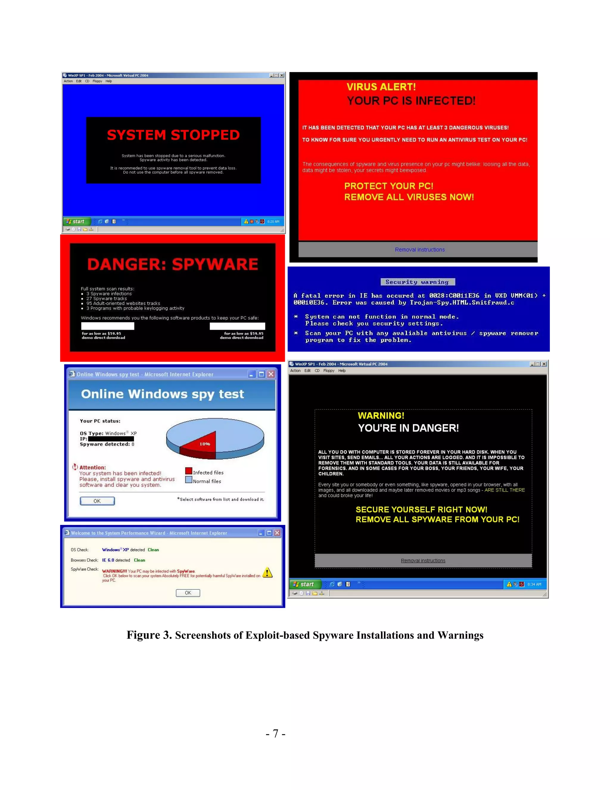 - 7 -
Figure 3. Screenshots of Exploit-based Spyware Installations and Warnings
 
