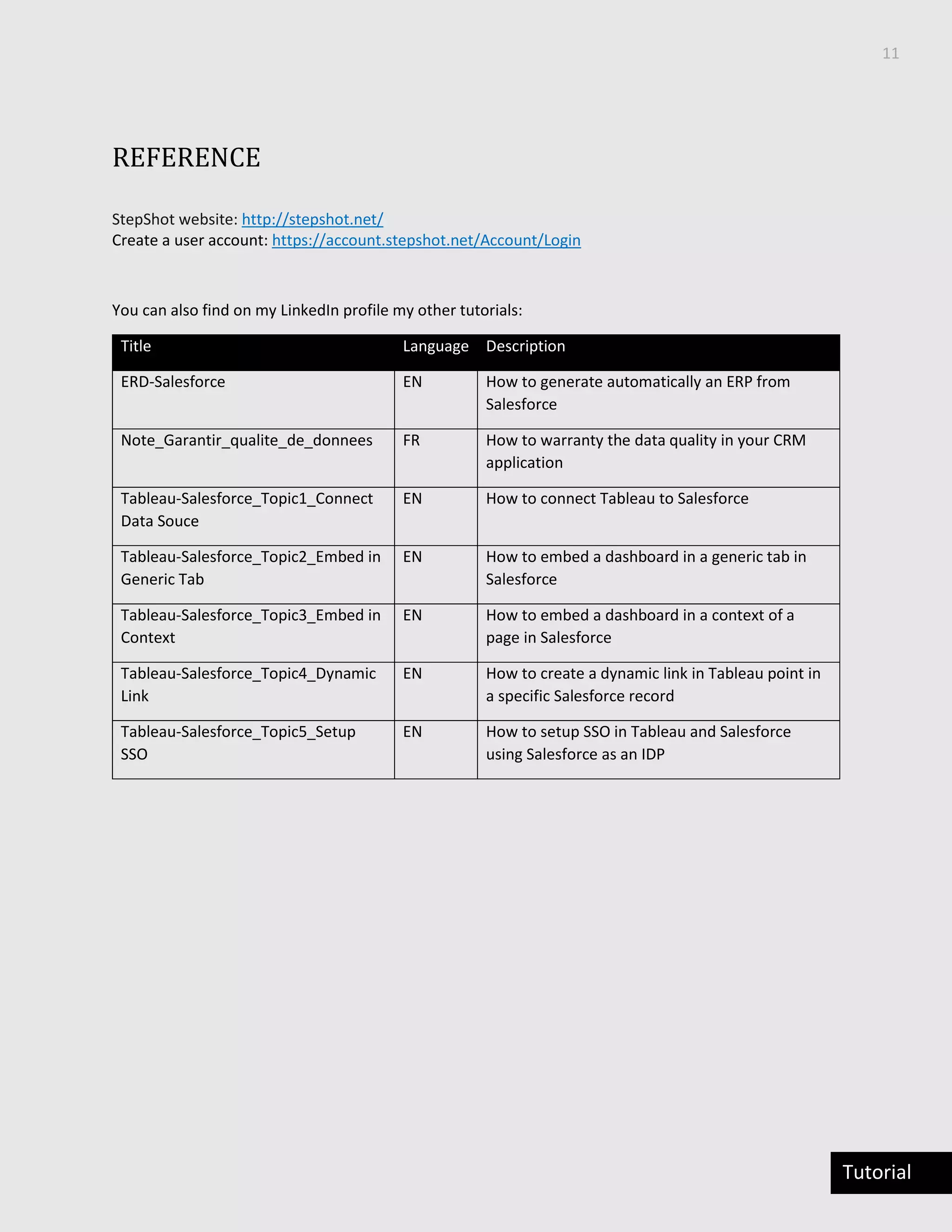 11
Tutorial
REFERENCE
StepShot website: http://stepshot.net/
Create a user account: https://account.stepshot.net/Account/Login
You can also find on my LinkedIn profile my other tutorials:
Title Language Description
ERD-Salesforce EN How to generate automatically an ERP from
Salesforce
Note_Garantir_qualite_de_donnees FR How to warranty the data quality in your CRM
application
Tableau-Salesforce_Topic1_Connect
Data Souce
EN How to connect Tableau to Salesforce
Tableau-Salesforce_Topic2_Embed in
Generic Tab
EN How to embed a dashboard in a generic tab in
Salesforce
Tableau-Salesforce_Topic3_Embed in
Context
EN How to embed a dashboard in a context of a
page in Salesforce
Tableau-Salesforce_Topic4_Dynamic
Link
EN How to create a dynamic link in Tableau point in
a specific Salesforce record
Tableau-Salesforce_Topic5_Setup
SSO
EN How to setup SSO in Tableau and Salesforce
using Salesforce as an IDP
 