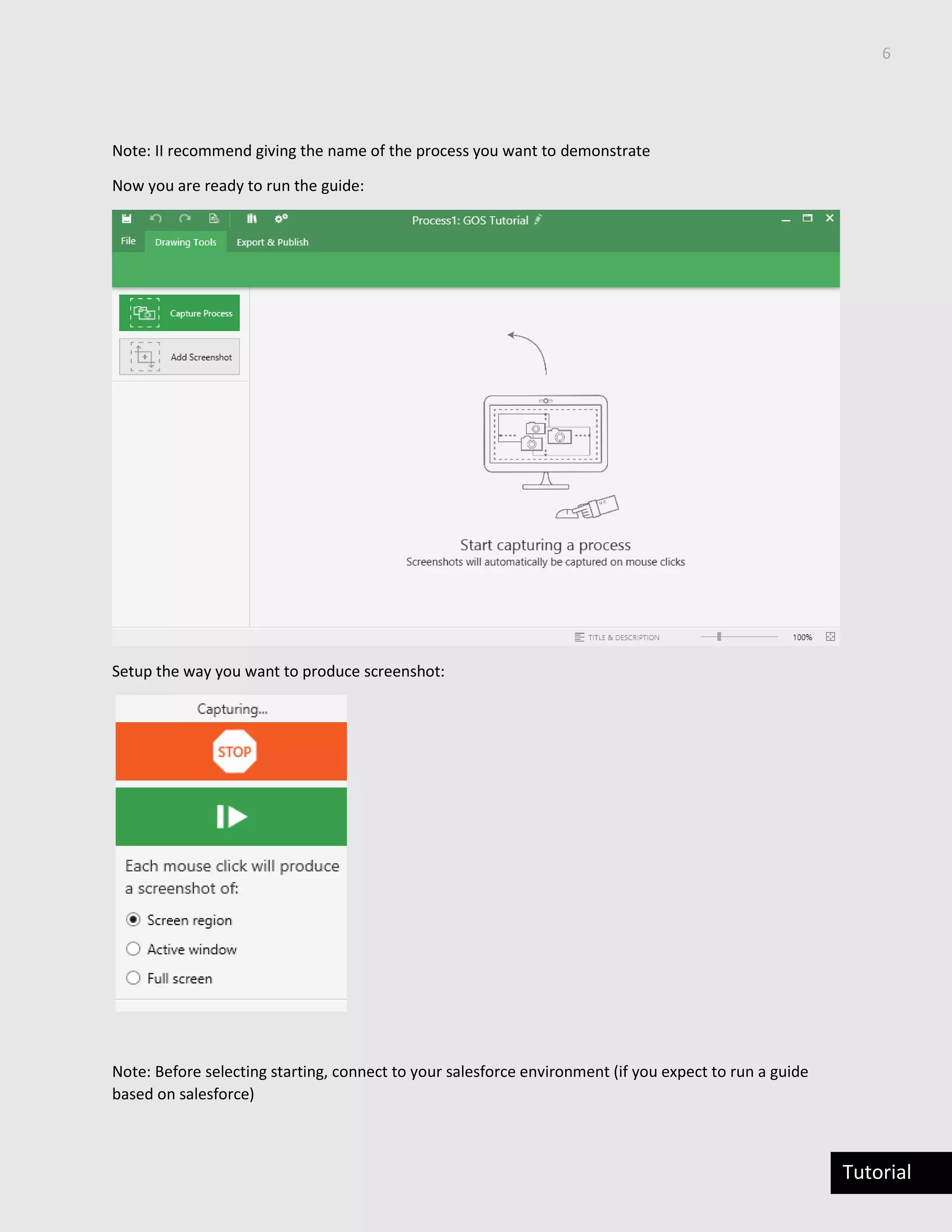 6
Tutorial
Note: II recommend giving the name of the process you want to demonstrate
Now you are ready to run the guide:
Setup the way you want to produce screenshot:
Note: Before selecting starting, connect to your salesforce environment (if you expect to run a guide
based on salesforce)
 