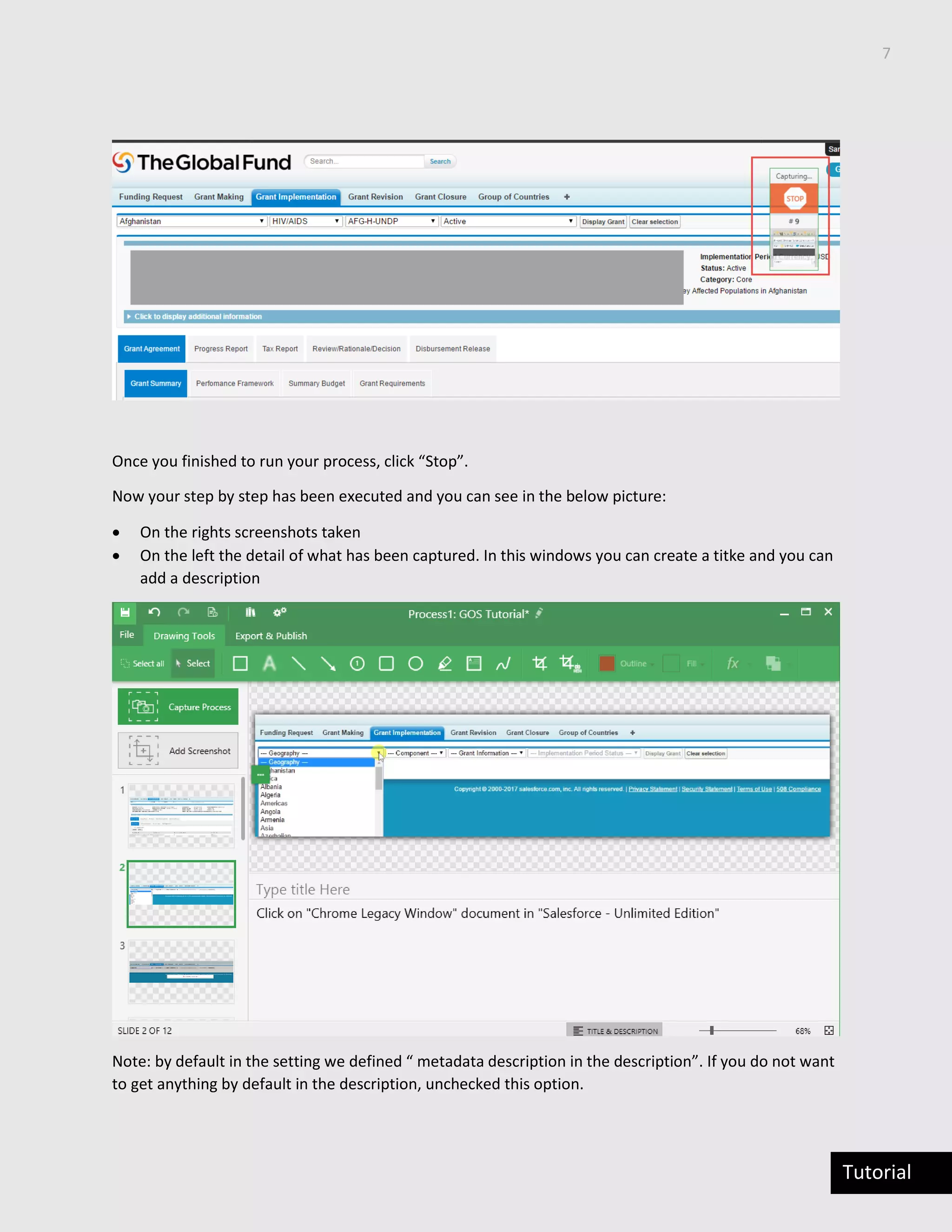 7
Tutorial
Once you finished to run your process, click “Stop”.
Now your step by step has been executed and you can see in the below picture:
 On the rights screenshots taken
 On the left the detail of what has been captured. In this windows you can create a titke and you can
add a description
Note: by default in the setting we defined “ metadata description in the description”. If you do not want
to get anything by default in the description, unchecked this option.
 