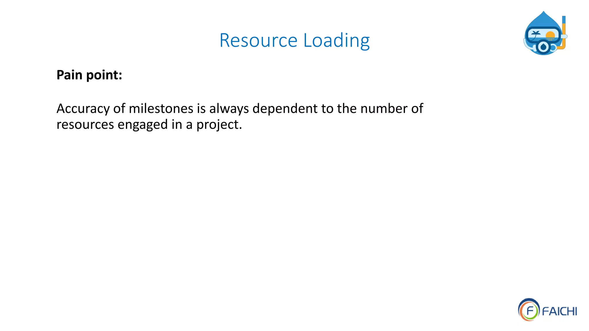 Resource Loading
Pain point:
Accuracy of milestones is always dependent to the number of
resources engaged in a project.
 