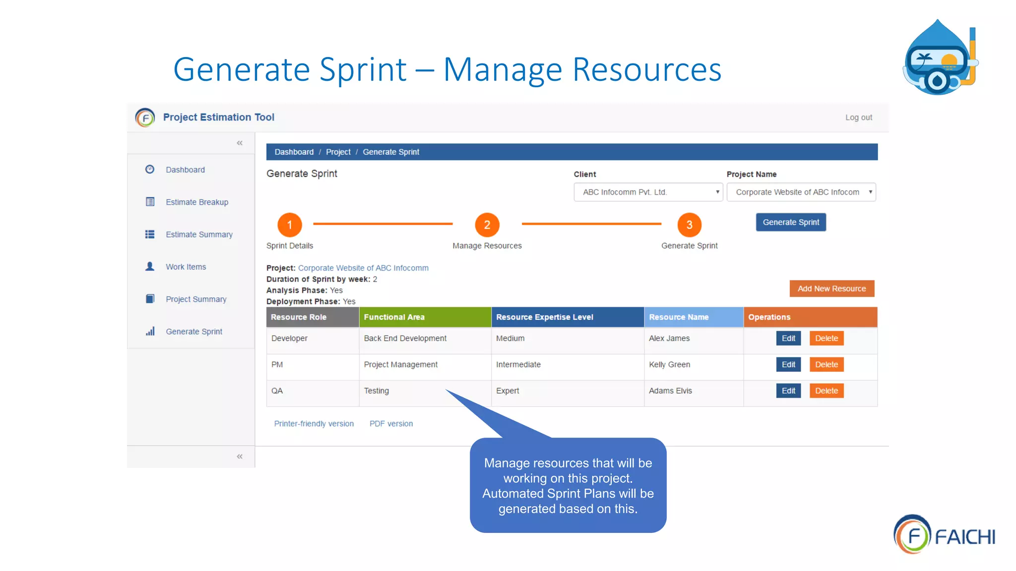 Generate Sprint – Manage Resources
Manage resources that will be
working on this project.
Automated Sprint Plans will be
generated based on this.
 