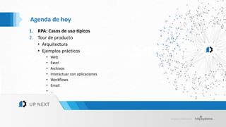 HelpSystems. All rights reserved.
Agenda de hoy
1. RPA: Casos de uso típicos
2. Tour de producto
• Arquitectura
• Ejemplos prácticos
• Web
• Excel
• Archivos
• Interactuar con aplicaciones
• Workflows
• Email
• …
 