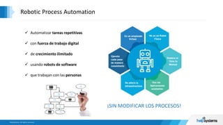 Robotic Process Automation
 Automatizar tareas repetitivas
 con fuerza de trabajo digital
 de crecimiento ilimitado
 usando robots de software
 que trabajan con las personas
¡SIN MODIFICAR LOS PROCESOS!
 