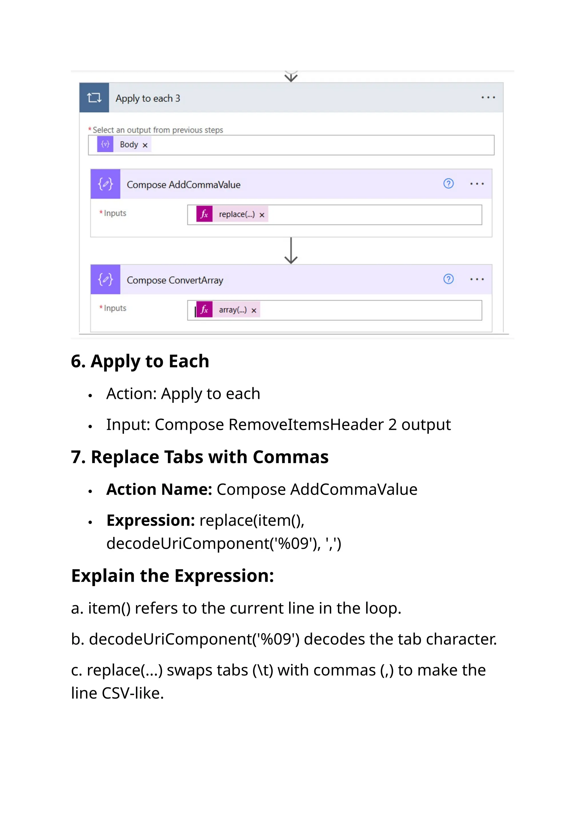 6. Apply to Each  Action: Apply to each  Input: Compose RemoveItemsHeader 2 output 7. Replace Tabs with Commas  Action Name: Compose AddCommaValue  Expression: replace(item(), decodeUriComponent('%09'), ',') Explain the Expression: a. item() refers to the current line in the loop. b. decodeUriComponent('%09') decodes the tab character. c. replace(...) swaps tabs (t) with commas (,) to make the line CSV-like. 