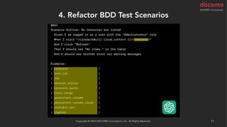 4. Refactor BDD Test Scenarios
Copyright © 2024 DOCOMO Innovations, Inc. All Rights Reserved. 71
 