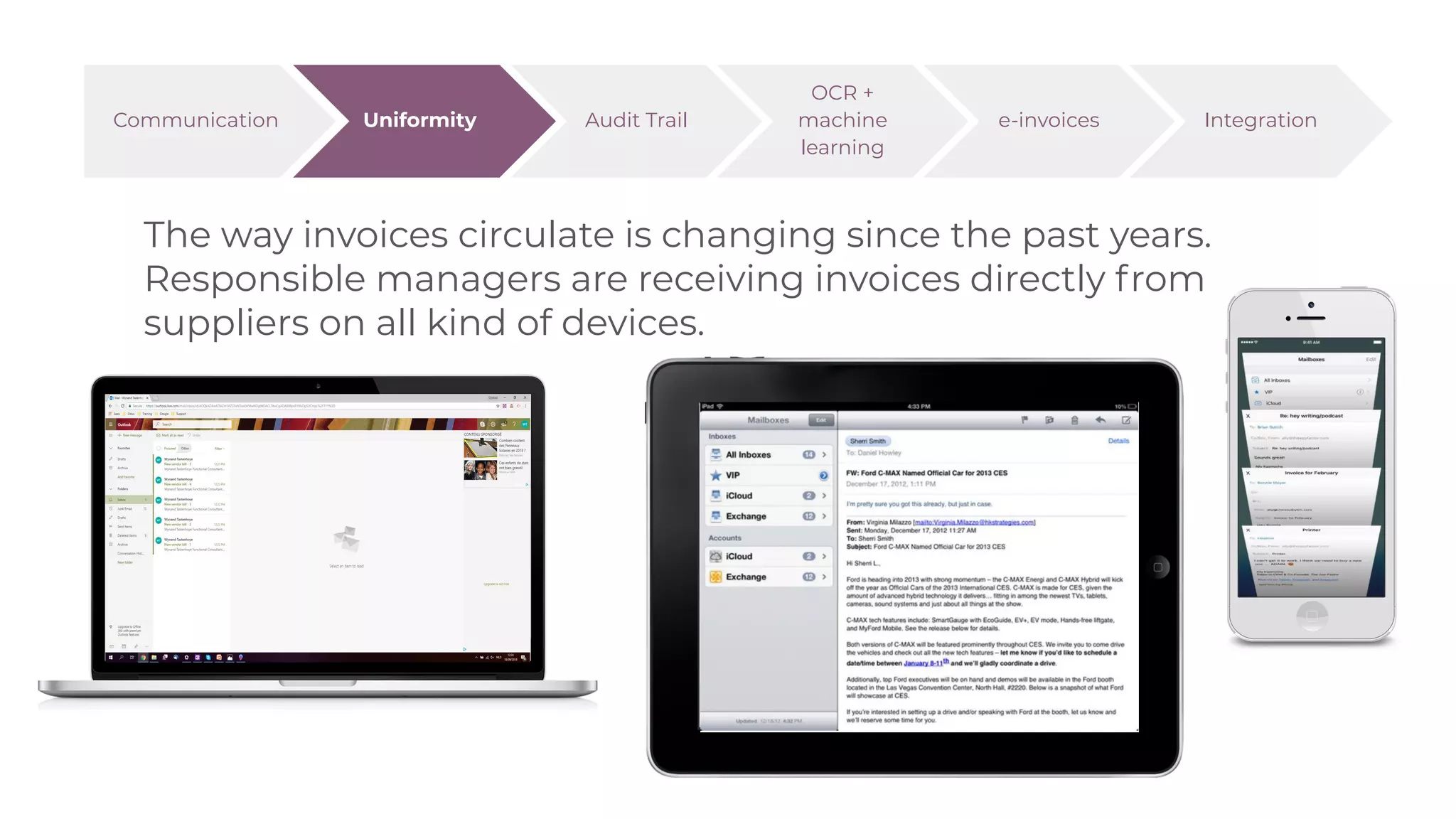 The way invoices circulate is changing since the past years.
Responsible managers are receiving invoices directly from
suppliers on all kind of devices.
Communication Uniformity Audit Trail
OCR +
machine
learning
e-invoices Integration
 