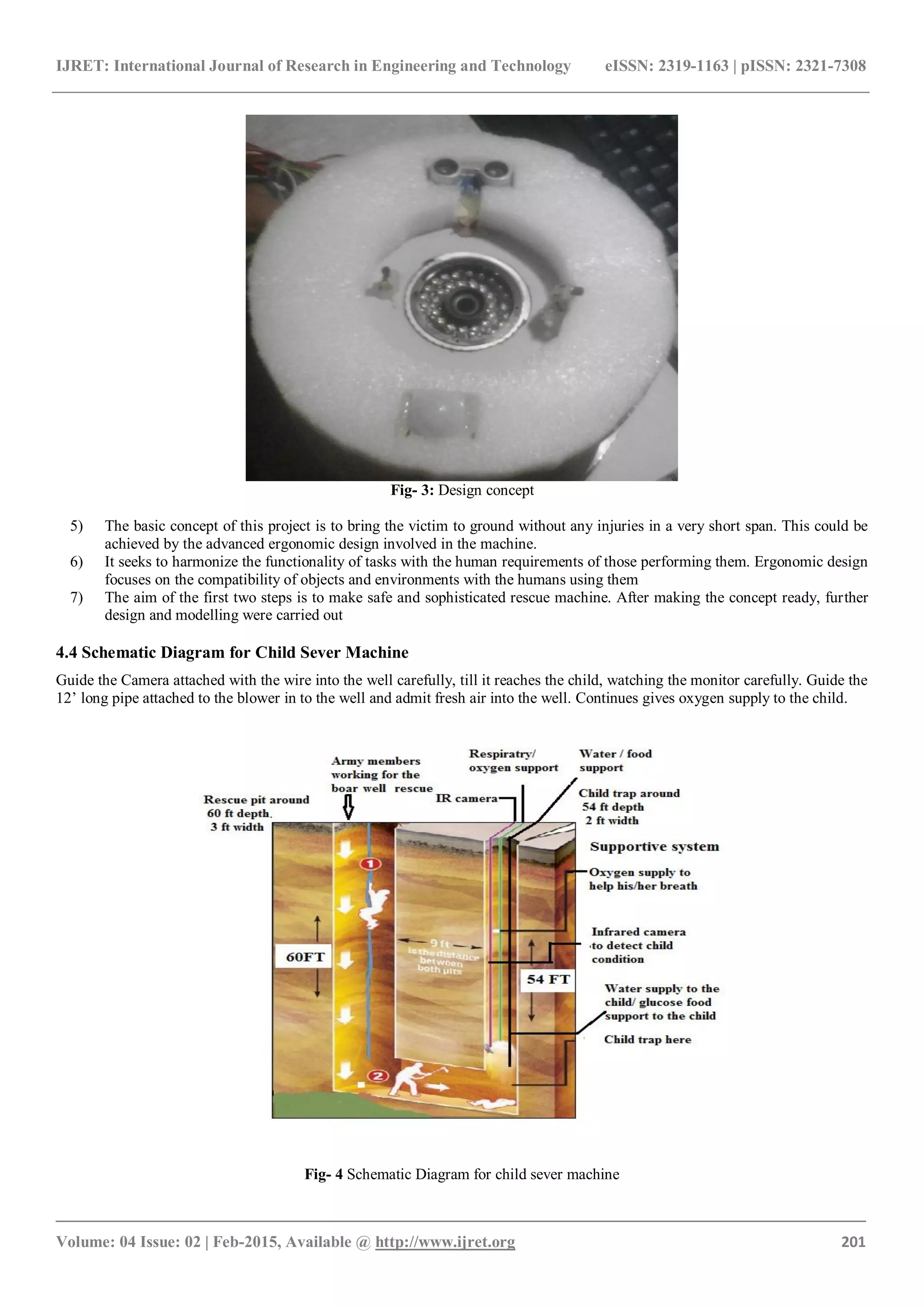 IJRET: International Journal of Research in Engineering and Technology eISSN: 2319-1163 | pISSN: 2321-7308
_______________________________________________________________________________________
Volume: 04 Issue: 02 | Feb-2015, Available @ http://www.ijret.org 201
Fig- 3: Design concept
5) The basic concept of this project is to bring the victim to ground without any injuries in a very short span. This could be
achieved by the advanced ergonomic design involved in the machine.
6) It seeks to harmonize the functionality of tasks with the human requirements of those performing them. Ergonomic design
focuses on the compatibility of objects and environments with the humans using them
7) The aim of the first two steps is to make safe and sophisticated rescue machine. After making the concept ready, further
design and modelling were carried out
4.4 Schematic Diagram for Child Sever Machine
Guide the Camera attached with the wire into the well carefully, till it reaches the child, watching the monitor carefully. Guide the
12’ long pipe attached to the blower in to the well and admit fresh air into the well. Continues gives oxygen supply to the child.
Fig- 4 Schematic Diagram for child sever machine
 