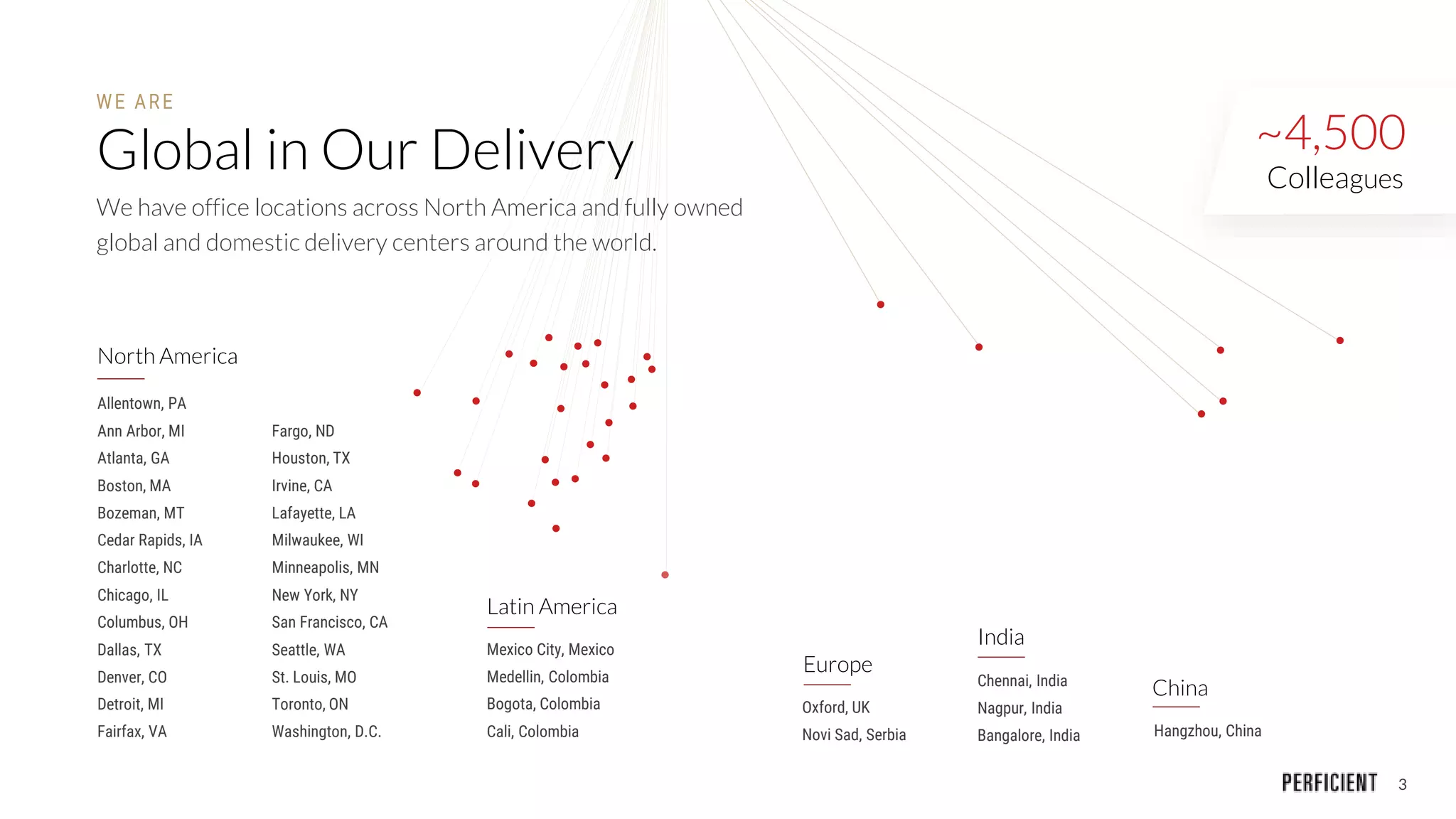 3
~4,500
Colleagues
WE ARE
Global in Our Delivery
We have office locations across North America and fully owned
global and domestic delivery centers around the world.
Allentown, PA
Ann Arbor, MI
Atlanta, GA
Boston, MA
Bozeman, MT
Cedar Rapids, IA
Charlotte, NC
Chicago, IL
Columbus, OH
Dallas, TX
Denver, CO
Detroit, MI
Fairfax, VA
Fargo, ND
Houston, TX
Irvine, CA
Lafayette, LA
Milwaukee, WI
Minneapolis, MN
New York, NY
San Francisco, CA
Seattle, WA
St. Louis, MO
Toronto, ON
Washington, D.C.
North America
Latin America
Mexico City, Mexico
Medellin, Colombia
Bogota, Colombia
Cali, Colombia
Chennai, India
Nagpur, India
Bangalore, India
India
Hangzhou, China
China
Oxford, UK
Novi Sad, Serbia
Europe
 