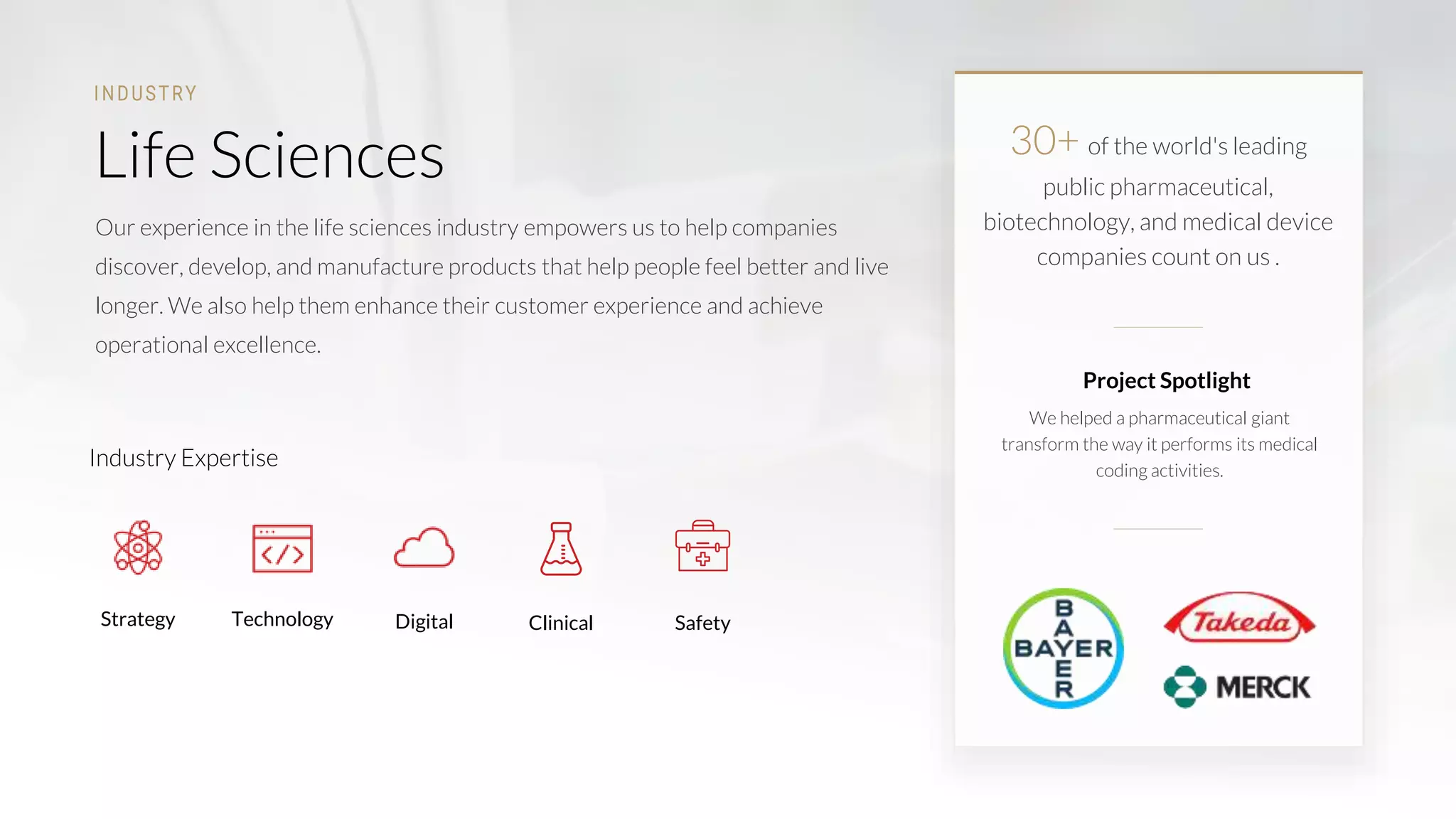 5
Industry Expertise
Our experience in the life sciences industry empowers us to help companies
discover, develop, and manufacture products that help people feel better and live
longer. We also help them enhance their customer experience and achieve
operational excellence.
I NDUSTRY
Life Sciences 30+ of the world's leading
public pharmaceutical,
biotechnology, and medical device
companies count on us .
We helped a pharmaceutical giant
transform the way it performs its medical
coding activities.
Project Spotlight
DigitalTechnologyStrategy Clinical Safety
 
