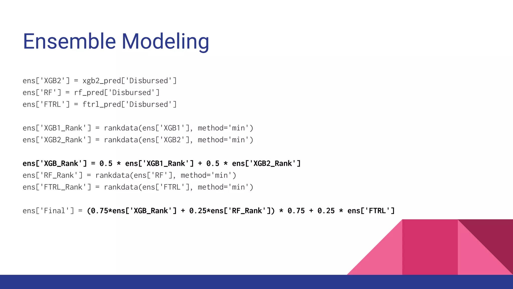 Ensemble Modeling
ens['XGB2'] = xgb2_pred['Disbursed']
ens['RF'] = rf_pred['Disbursed']
ens['FTRL'] = ftrl_pred['Disbursed']
ens['XGB1_Rank'] = rankdata(ens['XGB1'], method='min')
ens['XGB2_Rank'] = rankdata(ens['XGB2'], method='min')
ens['XGB_Rank'] = 0.5 * ens['XGB1_Rank'] + 0.5 * ens['XGB2_Rank']
ens['RF_Rank'] = rankdata(ens['RF'], method='min')
ens['FTRL_Rank'] = rankdata(ens['FTRL'], method='min')
ens['Final'] = (0.75*ens['XGB_Rank'] + 0.25*ens['RF_Rank']) * 0.75 + 0.25 * ens['FTRL']
 