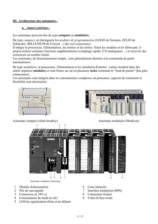 5 / 17
III. Architecture des automates :
a. Aspect extérieur :
Les automates peuvent être de type compact ou modulaire.
De type compact, on distinguera les modules de programmation (LOGO de Siemens, ZELIO de
Schneider, MILLENIUM de Crouzet ...) des microautomates.
Il intègre le processeur, l'alimentation, les entrées et les sorties. Selon les modèles et les fabricants, il
pourra réaliser certaines fonctions supplémentaires (comptage rapide, E/S analogiques ...) et recevoir des
extensions en nombre limité.
Ces automates, de fonctionnement simple, sont généralement destinés à la commande de petits
automatismes.
De type modulaire, le processeur, l'alimentation et les interfaces d'entrées / sorties résident dans des
unités séparées (modules) et sont fixées sur un ou plusieurs racks contenant le fond de panier (bus plus
connecteurs).
Ces automates sont intégrés dans les automatismes complexes où puissance, capacité de traitement et
flexibilité sont nécessaires.
Automate compact (Allen-bradley) Automate modulaire (Modicon)
Automate modulaire (Siemens)
1 Module d'alimentation 6 Carte mémoire
2 Pile de sauvegarde 7 Interface multipoint (MPI)
3 Connexion au 24V cc 8 Connecteur frontal
4 Commutateur de mode (à clé) 9 Volet en face avant
5 LED de signalisation d'état et de défauts
 
